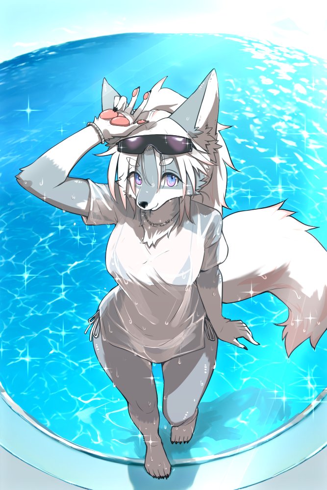 anthro bikini clothing eyewear female gesture hand_gesture pool smile solo sunglasses sunny swimwear two-piece_swimsuit v_sign water wet wet_clothing wet_t-shirt ookamiwaho okami_bark canid canine canis mammal wolf