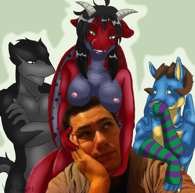 anthro boob_hat breasts female green_eyes group male nipples real red_eyes tail whiskers lokilover mythology walkingstalker jack_(walkingstalker) lukas luke_(walkingstalker) mortarion dragon human mammal mythological_creature mythological_scalie scalie sergal mixed_media