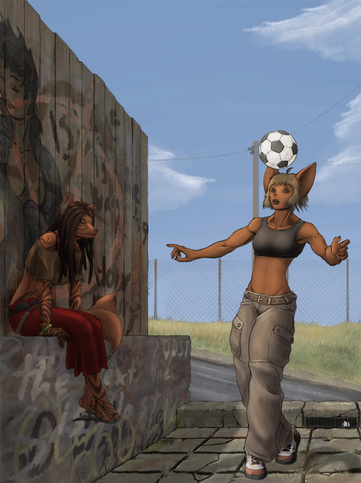 anthro ball belt bottomwear clothing dreadlocks duo female markings midriff multi_tail pants sitting slice_of_life soccer soccer_ball sport tail zekit bat canid canine fox mammal