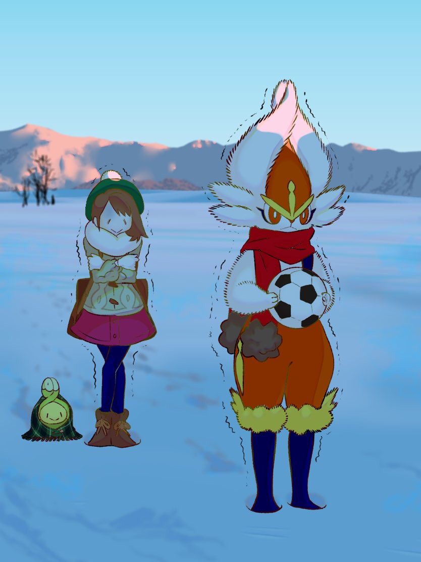 ambiguous_gender anthro ball brown_hair button_dress clothed clothing cold day dress female fluffy freezing group hair hat headgear headwear holding_ball holding_object mountain outside pink_clothing pink_dress scarf shaking shivering snow soccer_ball standing winter inoshika8 nintendo pokemon gloria_(pokemon) budew cinderace generation_4_pokemon generation_8_pokemon human mammal pokemon_(species) 2019 3:4