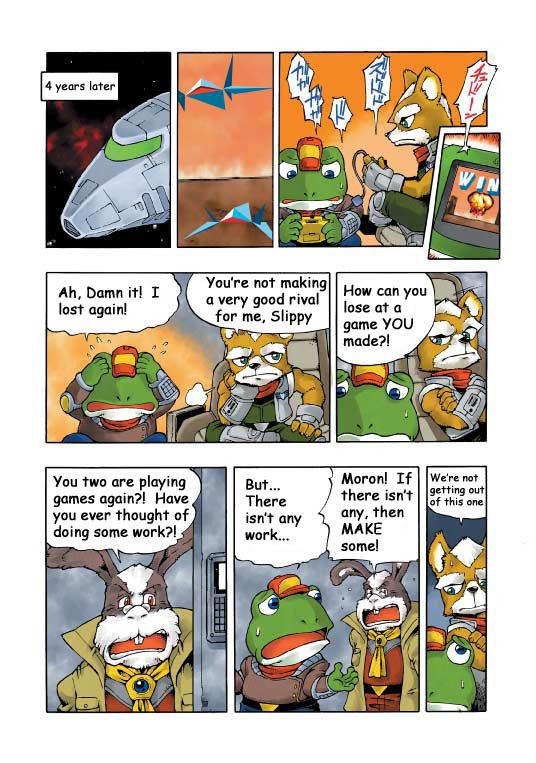 anthro arwing clothing dialogue group male space text shigehisa_nakaue nintendo star_fox fox_mccloud peppy_hare slippy_toad amphibian canid canine fox frog lagomorph leporid mammal rabbit 2002 comic english_text official_art