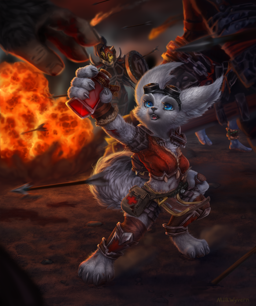 anthro arrow_(weapon) barefoot battle blue_eyes bottle claws clothed clothing container detailed_background eyewear feet female fire fully_clothed fur goggles grey_body grey_fur group holding_bottle holding_container holding_object midriff open_mouth outside potion ranged_weapon reaching solo_focus standing toe_claws weapon milkwyvern blizzard_entertainment warcraft canid humanoid mammal orc vulpera 2020