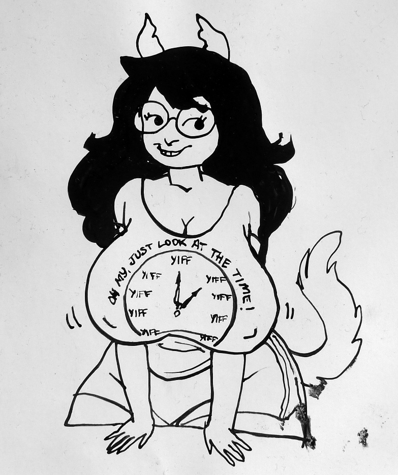 big_breasts breasts female huge_breasts solo text coxaplenty homestuck ms_paint_adventures jade_harley animal_humanoid canid canine humanoid mammal english_text monochrome