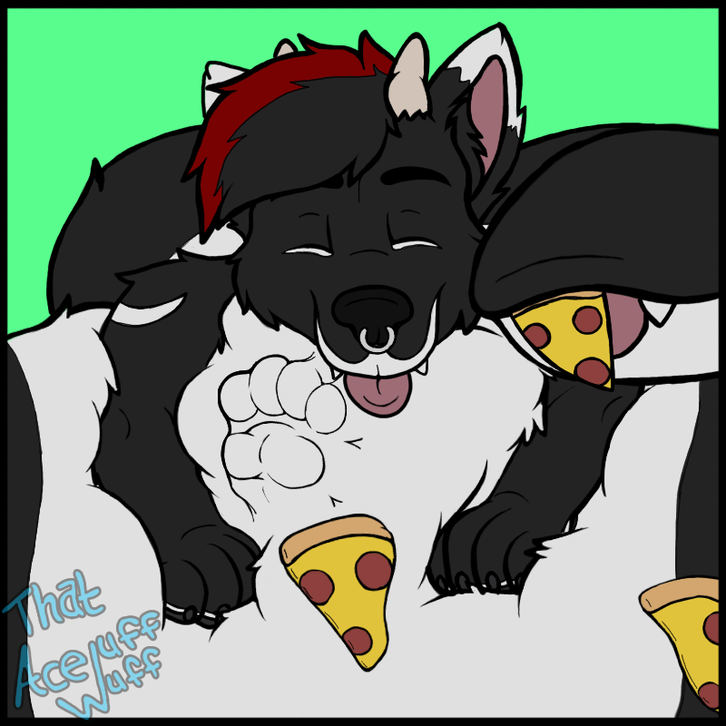 ambiguous_gender ambiguous_prey anthro belly big_belly eyes_closed facial_piercing food imprint male male_pred nose_piercing nose_ring piercing pizza ring_piercing same_size_vore squirming tongue tongue_out vore acewolfy1996 valku_(rickdawg2698) canid canine hybrid mammal monster_tail 1:1 2016 watermark