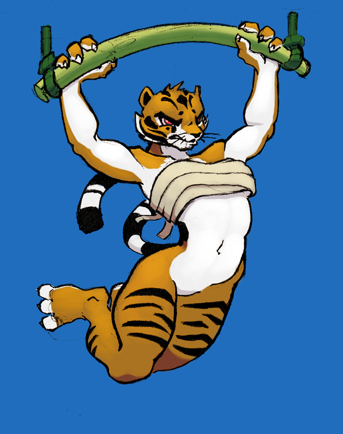 anthro bandage bottomless clothed clothing exercise female muscular muscular_anthro muscular_female pull-up_(exercise) pull_up_bar solo stripes sadjack dreamworks kung_fu_panda master_tigress felid mammal pantherine tiger