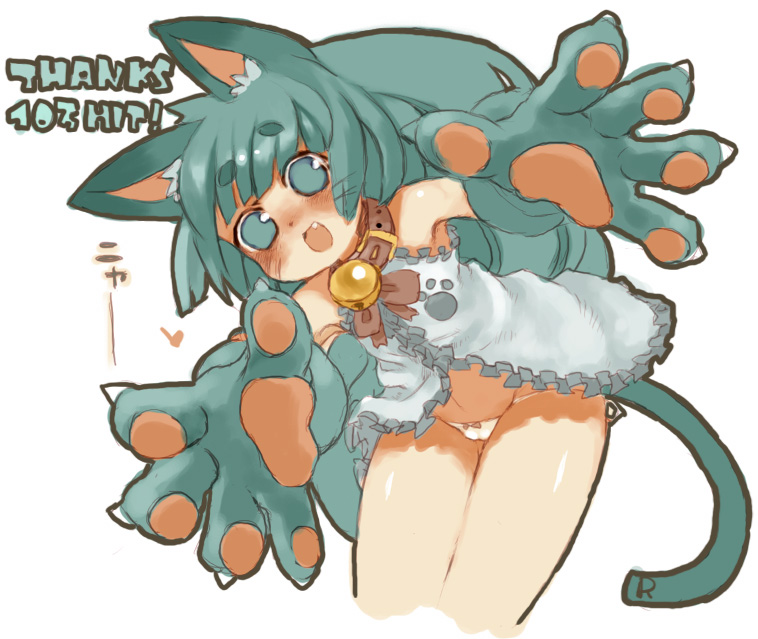 5_fingers bell blue_eyes blue_hair blue_tail clothed clothing collar exclamation_point female fingers front_view gloves hair handwear heart_symbol inner_ear_fluff long_hair panties partially_clothed paw_gloves paws simple_background solo tail text tuft underwear white_background rikose animal_humanoid cat_humanoid felid felid_humanoid feline feline_humanoid humanoid mammal mammal_humanoid archived_source japanese_text