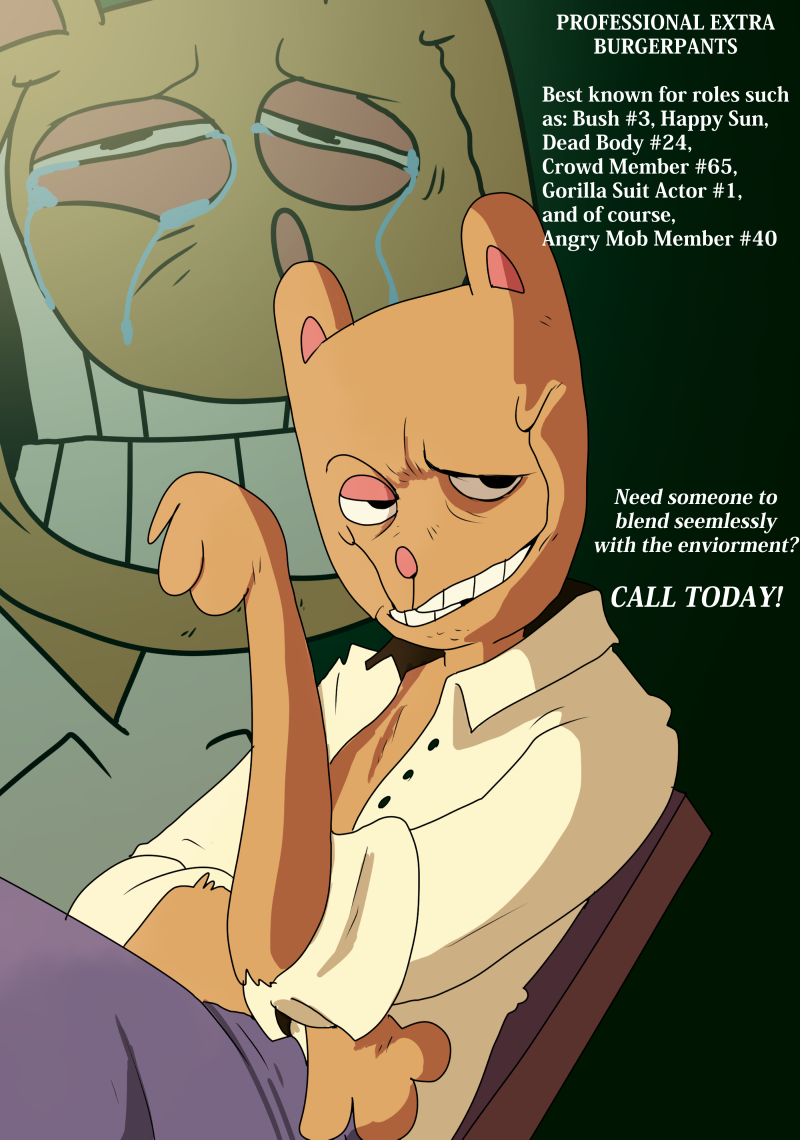 advertisement anthro bodily_fluids close-up clothed clothing fur looking_at_viewer simple_background smile solo tears text fatz_geronimo undertale undertale_(series) burgerpants domestic_cat felid feline felis mammal digital_media_(artwork) english_text