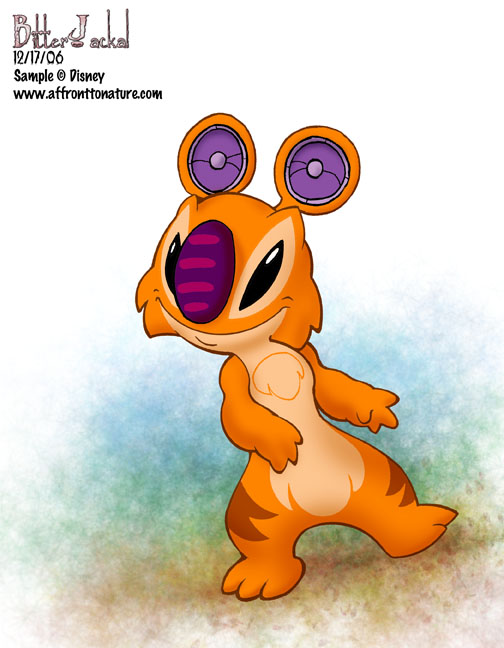 3_toes 4_fingers ambiguous_gender cheek_tuft chest_tuft facial_tuft feet fingers fur leg_markings looking_at_viewer markings orange_body orange_fur purple_nose simple_background smile solo speaker_ears text toes tuft bitterjackal disney lilo_and_stitch sample_(lilo_and_stitch) alien experiment_(lilo_and_stitch) 2006 digital_media_(artwork) english_text url