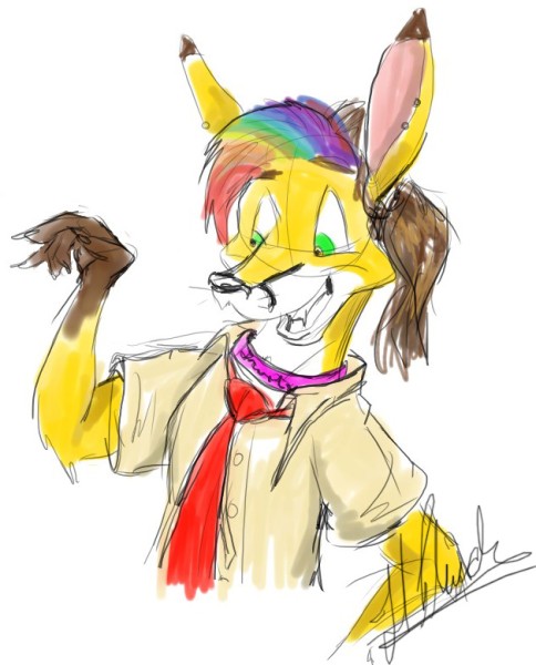 :v anthro blouse brown_hair clothed clothing collar ear_piercing fur green_eyes grin hair male multicolored_hair necktie piercing rainbow_hair smile solo topwear stormeyes edel_(edel) kangaroo macropod mammal marsupial sketch