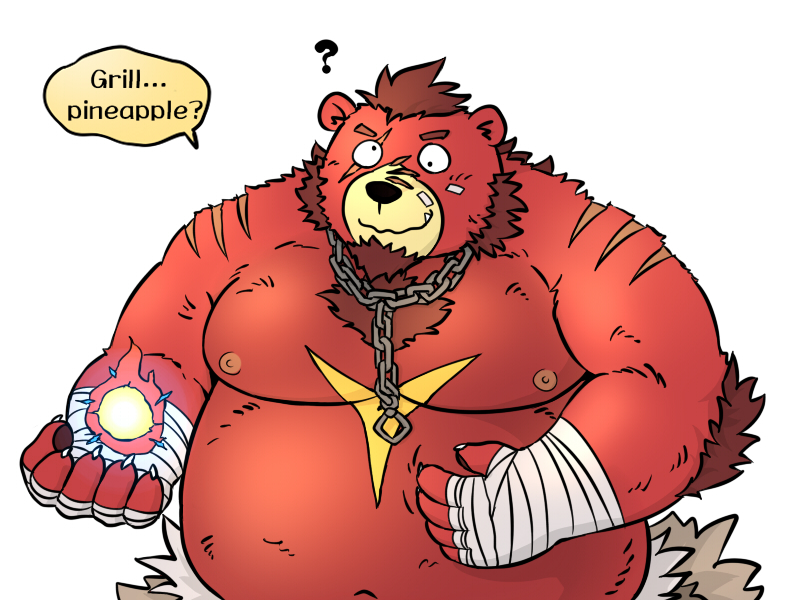 anthro bandage bandaged_arm belly big_belly black_nose humanoid_hands kemono magic male moobs navel nipples overweight overweight_male question_mark red_body scar solo text mtflying30371 bear mammal 2017 4:3 english_text