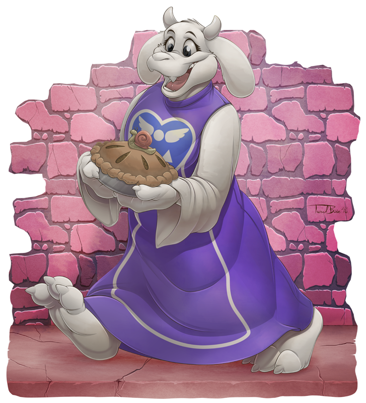 anthro barefoot brick_wall claws clothed clothing dessert duo fangs feet female feral food fur holding_food holding_object holding_pie horn open_mouth pastry pie pie_(food) robe smile solo_focus teeth toe_claws tongue toony walking wall_(structure) wide_eyed teaselbone undertale_(series) toriel bovid caprine gastropod goat mammal mollusk snail 2016 signature