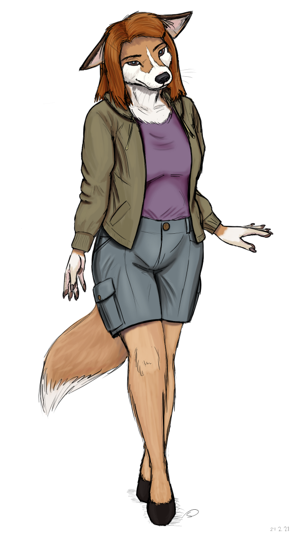 anthro bottomwear breasts brown_body brown_fur clothed clothing dipstick_tail female fur hair markings multicolored_tail orange_hair shorts simple_background solo tail tail_markings whiskers white_background fizzymus mina_vanek canid canine canis domestic_dog mammal 2021