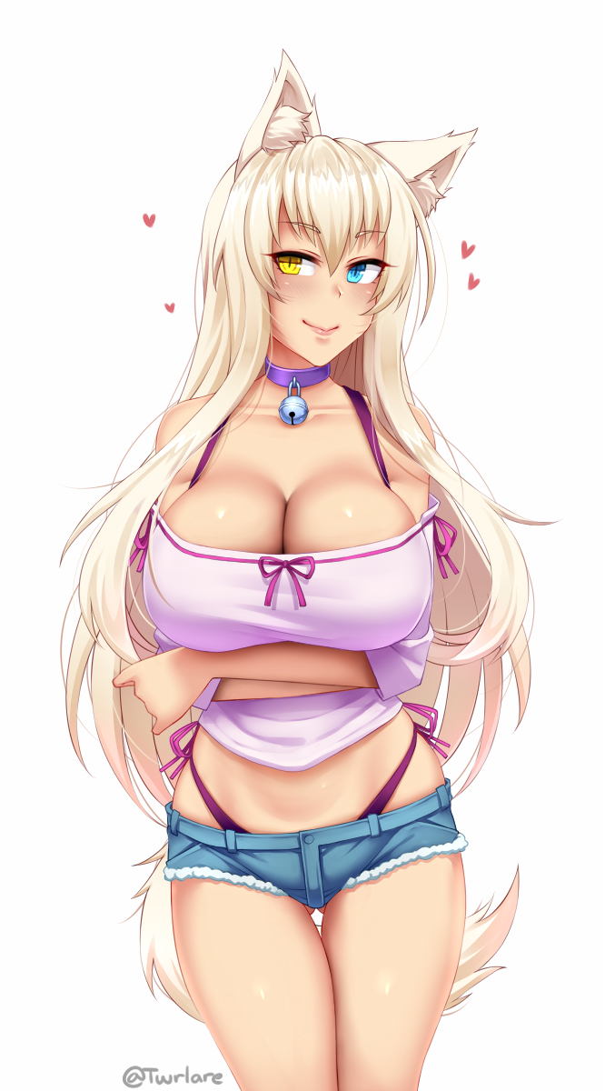 bell bell_collar big_breasts blonde_hair blue_eyes bottomwear breasts cleavage clothed clothing collar curvy_figure denim denim_bottomwear denim_clothing denim_shorts female hair heart_symbol heterochromia huge_breasts pupils shorts simple_background slit_pupils solo thigh_gap white_background yellow_eyes twrlare nekopara coconut_(sayori) animal_humanoid cat_humanoid felid felid_humanoid feline feline_humanoid humanoid mammal mammal_humanoid 2019 hi_res