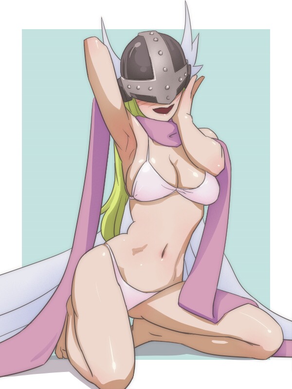 bikini blonde_hair blush breasts cleavage clothed clothing female hair monster_girl_(genre) navel not_furry simple_background solo swimwear two-piece_swimsuit villagesman bandai_namco digimon angewomon digimon_(species) humanoid 3:4