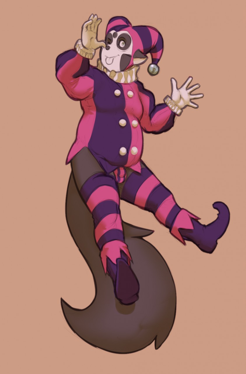 anthro bell bulge clothed clothing gloves handwear jester leggings legwear long_tail makeup male one_eye_closed pattern_clothing pattern_leggings pattern_legwear simple_background slightly_chubby smile solo striped_clothing striped_leggings striped_legwear stripes tail tongue tongue_out underwear wink namelessenemy mammal unknown_species 2015 digital_drawing_(artwork) digital_media_(artwork) hi_res