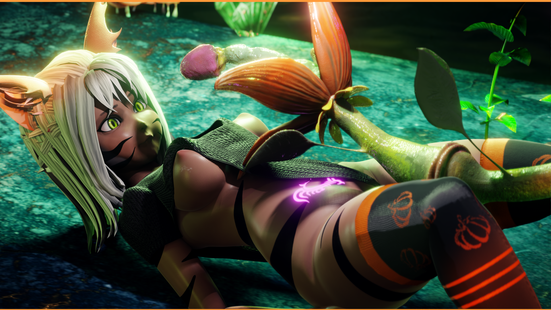 A highly detailed 3D artwork, showcasing a felid humanoid with an ovipositor, about to engage in imminent oviposition