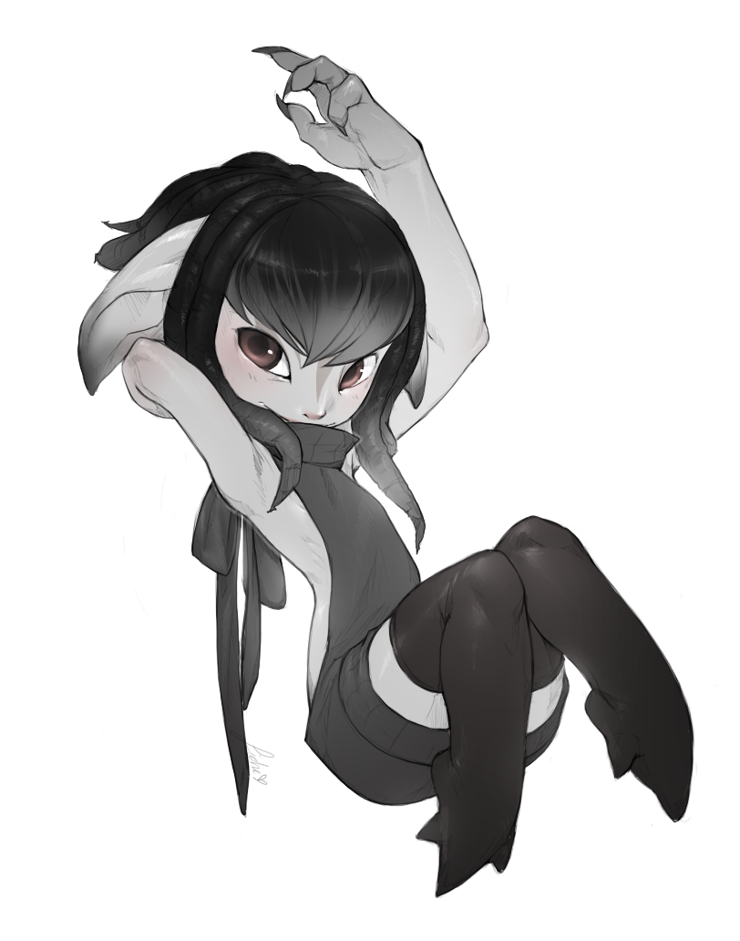 black_hair brown_eyes claws clothing dreadlocks female grey_body grey_skin hair legwear simple_background smile solo sweater thigh_highs topwear virgin_killer_sweater white_background licheart guild_wars meme_clothing tanya_rhyne asura humanoid meme monochrome