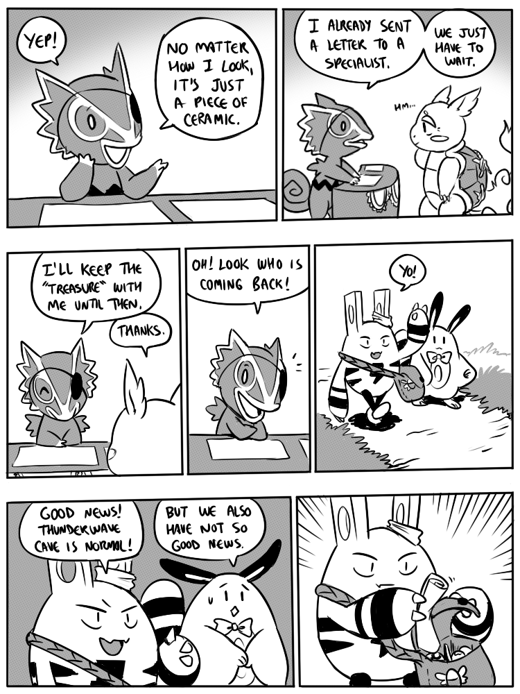 7_panel_comic anthro badge bag bar_emanata biped black_eyes black_text bow_ribbon cheek_spots claws conjoined_speech_bubble dialogue ellipsis emanata exclamation_point eye_patch eyes_closed eyewear finger_claws fluffy fluffy_tail grass group holding_object looking_at_another mouth_closed open_mouth outside plant raised_arm speech_bubble tail talking_to_another text tongue walking white_sclera flavia-elric nintendo pokemon pokemon_mystery_dungeon spike_chunsoft bayani_(yapc) mr.kecleon_(yapc) paris_(yapc) terry_(yapc) elekid generation_1_pokemon generation_2_pokemon generation_3_pokemon kecleon pokemon_(species) sentret wartortle 2019 3:4 comic digital_media_(artwork) english_text greyscale monochrome