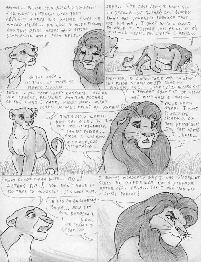 dialogue digitigrade duo female feral male pregnant quadruped tail text leovictor arthos leya felid lion mammal pantherine 2008 comic english_text greyscale monochrome