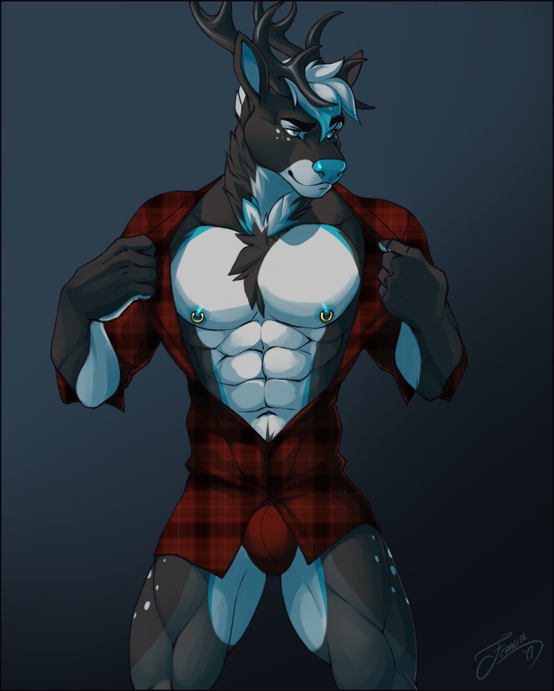 5_fingers abs anthro antlers bedroom_eyes blue_eyes blue_nose body_hair brown_body brown_fur brown_hair bulge chest_hair clothed clothing fingers flat_texture front_view fur grey_background hair half-closed_eyes horn looking_aside lumberjack male multicolored_body multicolored_fur multicolored_hair muscular muscular_anthro muscular_male narrowed_eyes neck_tuft nipple_piercing nipples obliques open_clothing open_shirt open_topwear pattern_clothing pattern_shirt pattern_topwear pecs piercing plaid plaid_clothing plaid_shirt plaid_topwear pose red_clothing red_topwear red_underwear saber seductive shirt short_hair simple_background smile smirk solo spots standing tight_underwear topwear tuft two_tone_body two_tone_fur two_tone_hair underwear undressing white_body white_fur white_hair feralise luke_(saberleo) deer mammal 2017 portrait three-quarter_portrait