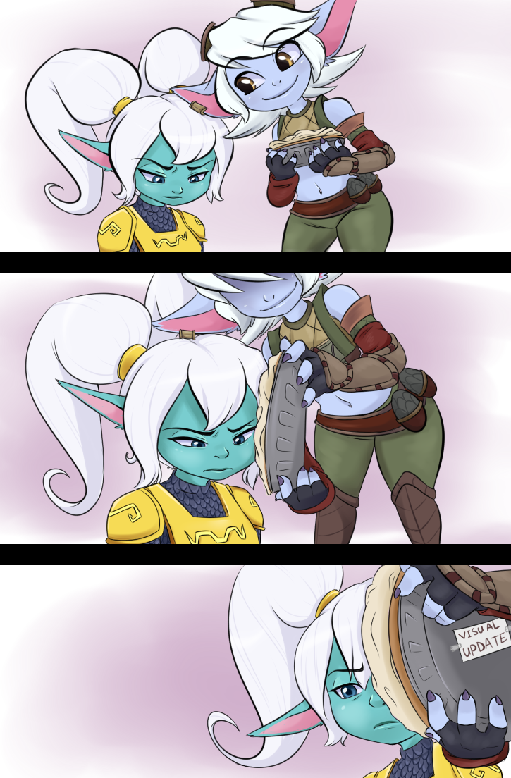 armor belt blue_body blue_eyes blue_skin bottomwear clothed clothing dessert explosives female food grenade hair happy navel pants pastry pie pigtails sad weapon white_hair yellow_eyes bandlebro league_of_legends riot_games tencent poppy_(lol) tristana_(lol) yordle 2016 comic