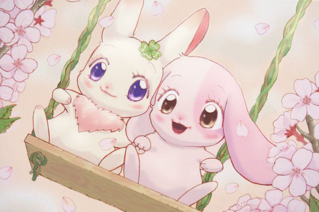 :3 anthro blush brown_eyes cherry_blossom chest_tuft clover_(plant) duo eyebrows eyelashes female flower fur hand_holding japanese long_ears open_mouth pink_body pink_fur plant prunus_(flower) purple_eyes shamrock sitting smile swing tuft white_body white_fur ryou_(supinosa-doragon) happy_happy_clover pixiv sayuri_tatsuyama clover_(happy_happy_clover) mallow_(happy_happy_clover) domestic_rabbit lagomorph leporid lop_rabbit mammal oryctolagus rabbit