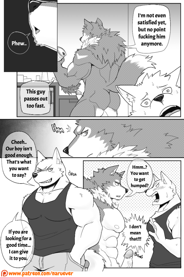 abs anthro biceps big_muscles dialogue duo fur male male/male muscular muscular_male nipples patreon_logo pecs profanity speech_bubble text naruever patreon zack_(naruever) canid canine canis mammal wolf 2017 2:3 comic english_text greyscale monochrome url