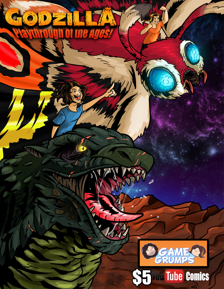 advertisement ambiguous_gender group logo male text alorix game_grumps godzilla_(series) mothra_(series) toho youtube arin_hanson danny_sexbang godzilla mothra human kaiju mammal cover cover_art cover_page english_text