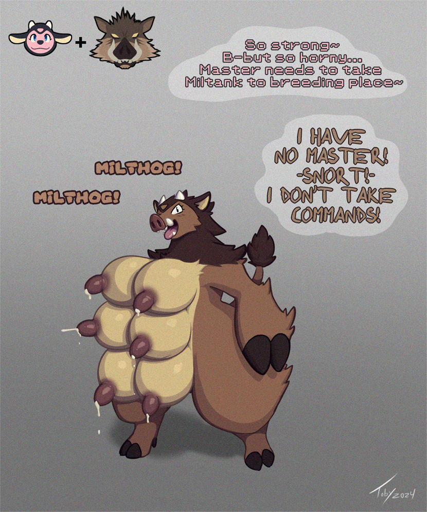 6_breasts anthro biped bodily_fluids breasts brown_body brown_fur countershade_fur countershade_torso countershading female fur fusion hooves horn lactating multi_breast nipples solo tail tail_tuft text tongue tongue_out tuft tusks toby_art nintendo pokemon bovid bovine generation_2_pokemon mammal miltank pokemon_(species) suid suine sus_(pig) wild_boar 5:6 english_text