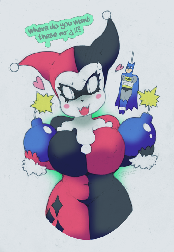 anthro big_breasts bomb breasts clothed clothing clown duo explosives fangs female fool's_hat hat headgear headwear heart_symbol huge_breasts slightly_chubby solo_focus teeth thick_thighs smokyjai batman_(series) dc_comics batman harley_quinn human mammal digital_media_(artwork) portrait three-quarter_portrait