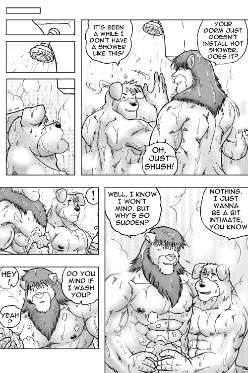 abs anthro biceps communal_shower dialogue duo fur hair male male/male muscular nipples nude pecs ring shower text ryuu_majin canid canine canis domestic_dog felid lion mammal pantherine 2:3 comic english_text greyscale monochrome