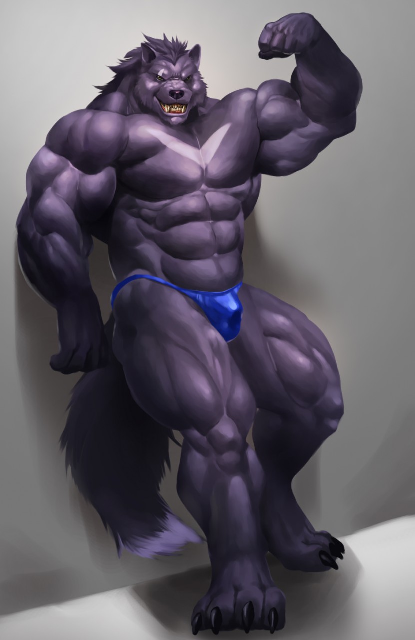 4_toes 5_fingers anthro barazoku big_muscles black_claws black_nose bulge claws clothed clothing feet fingers flexing fur grey_body grey_fur grin huge_muscles humanoid_hands looking_at_viewer male muscular muscular_anthro muscular_male smile solo thong toes topless underwear echin canid canine canis mammal wolf 2018 hi_res