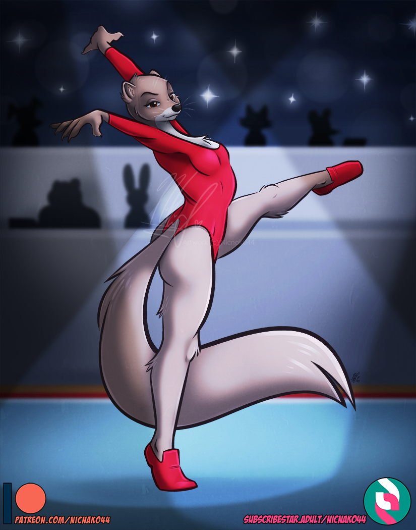 5_fingers anthro black_nose breasts butt clothed clothed_anthro clothed_female clothing female fingers fur gymnast humanoid_hands leotard on_one_leg pink_body pink_fur raised_leg silhouette solo spotlight standing tail text nicnak044 animalympics tatiana_tuschenko gulonine mammal marten mustelid musteline sable_(marten) 2024 distracting_watermark url watermark