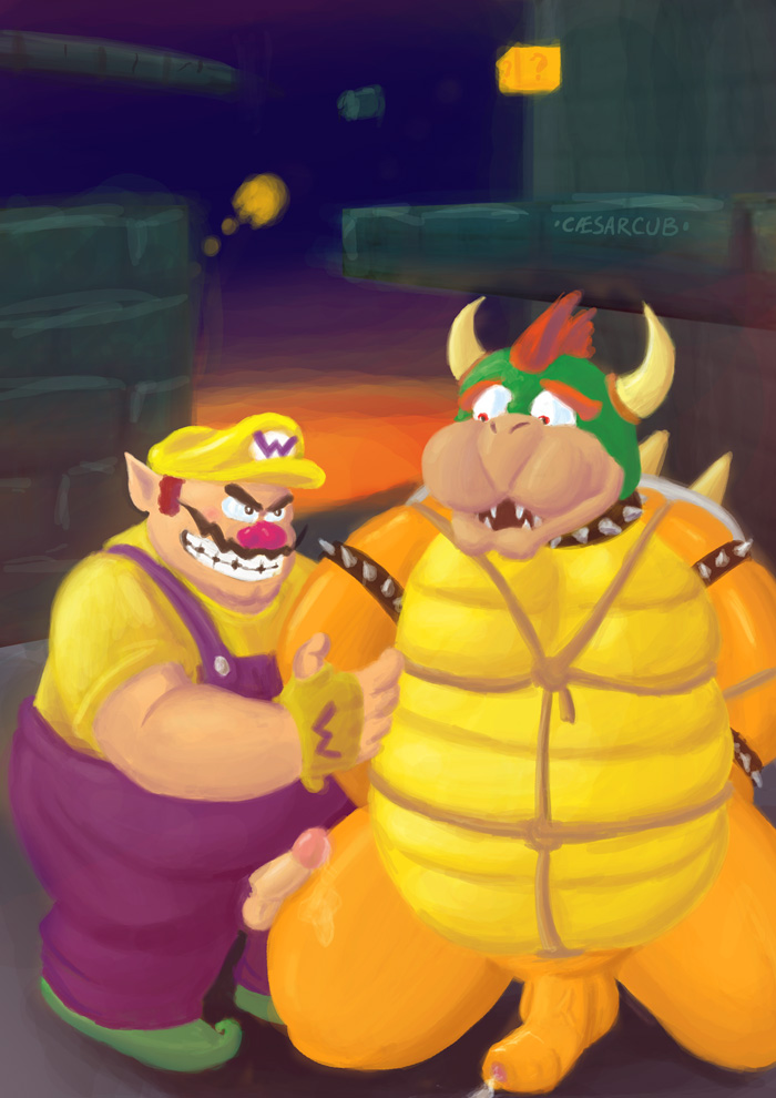 anthro balls bdsm bondage bound clothing detailed_background duo erection facial_hair genitals hat headgear headwear male male/male mustache overalls overweight overweight_male penis restraints rope rope_bondage rope_harness shirt topwear caesarcub mario_bros nintendo bowser wario human koopa mammal scalie 2008