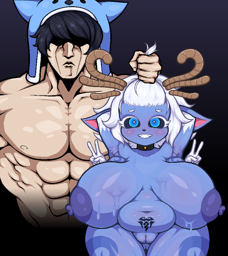 4_arms antlers areola belly big_breasts black_sclera blue_eyes bodily_fluids breasts breasts_apart butt butt_from_the_front duo female genitals gesture hair hand_gesture horn huge_breasts humanoid_pointy_ears larger_male male male/female multi_arm multi_limb muscular nipples overweight overweight_female pointy_ears pussy sagging_breasts short_stack size_difference smaller_female sweat thick_thighs v_sign white_hair wide_hips womb_tattoo marshort league_of_legends riot_games tencent nunu_(lol) willump_(lol) human humanoid hybrid mammal yeti yordle