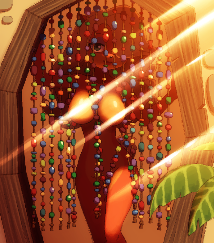 anthro beaded_curtains beads big_breasts black_nose blonde_hair breasts convenient_censorship curtains female fur green_eyes hair long_hair looking_at_viewer nude orange_body smile solo kempferzero activision crash_bandicoot_(series) tawna_bandicoot bandicoot mammal marsupial 2019 digital_media_(artwork)