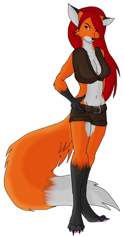 anthro belt big_breasts biped blue_eyes bottomwear breasts cleavage clothed clothing dipstick_tail female hair long_hair markings pawpads paws red_hair shorts solo standing tail tail_markings syntex samantha_arrow canid canine fox mammal