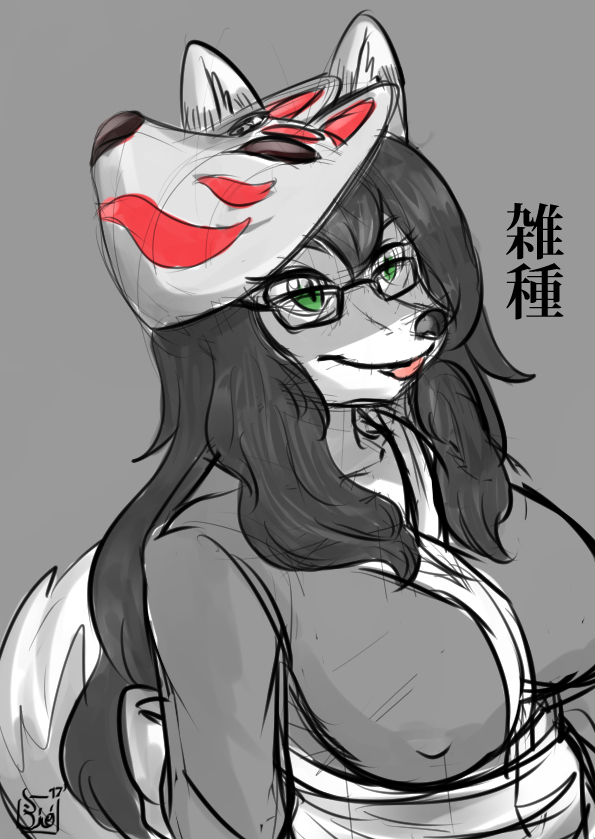 animal_mask anthro asian_clothing big_breasts black_hair breasts clothing dipstick_tail east_asian_clothing eyewear female fox_mask glasses green_eyes grey_background hair inner_ear_fluff japanese_clothing kimono lips long_hair markings mask multicolored_tail nipple_outline simple_background smile solo tail tail_markings text tongue tongue_out tuft meirune safira_moonrune canid canine fox mammal 2017 grey_theme japanese_text portrait restricted_palette sketch spot_color