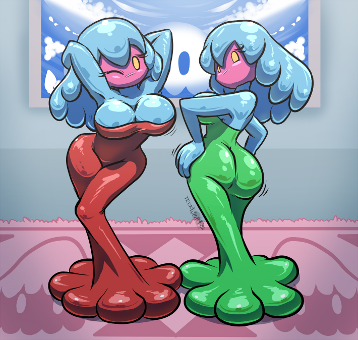 big_breasts blue_body breasts butt cleavage clothed clothing duo female green_clothing hair looking_at_viewer red_clothing seductive yellow_eyes conditional_dnp teckworks mario_and_luigi_(series) mario_bros nintendo superstar_saga gigi_(mario) jellyfish_sisters merri_(mario) animal_humanoid cnidarian cnidarian_humanoid goo_creature goo_humanoid humanoid jellyfish jellyfish_humanoid marine marine_humanoid medusozoan medusozoan_humanoid 2012 sibling_(lore) sister_(lore) sisters_(lore)