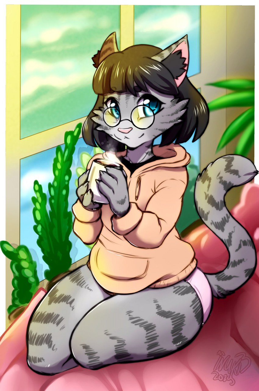 anthro black_hair blue_eyes cheek_tuft clothing facial_tuft female fur grey_body grey_fur hair hoodie hot_beverage inner_ear_fluff inside panties pink_nose plant solo topwear tuft underwear inuki domestic_cat felid feline felis mammal hi_res