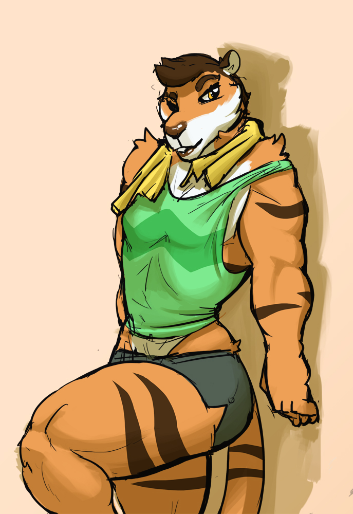 anthro biceps biped black_markings breasts clothed clothing female hair markings muscular muscular_anthro muscular_female orange_body simple_background solo stripes ritts rebecca_tanner felid mammal pantherine tiger