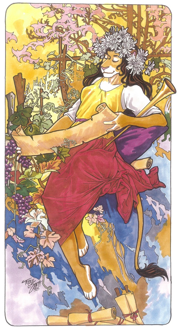 accessory anthro art_nouveau bottomwear brown_hair clothed clothing daisy_(flower) eyes_closed female flower flower_in_hair food fruit fully_clothed fur grape grapevine hair hair_accessory horn outside plant scroll sitting skirt sky smile solo trellis white_body white_fur yellow_body yellow_fur terrie_smith european_mythology greek_mythology mythology clio_(diety) deity felid lion mammal pantherine 2005