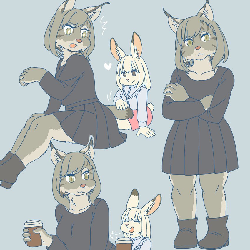 anthro clothing coffee_cup container cup dress duo female heart_symbol kemono winter_coat ekaki510 canada_lynx felid feline hare lagomorph leporid lynx mammal snowshoe_hare 1:1