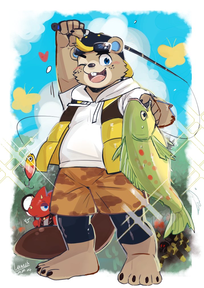 4_toes anthro backwards_baseball_cap backwards_hat barefoot baseball_cap blue_eyes blush bottomwear butterfly_net claws clothed clothing duo eyewear eyewear_on_head feet fishing fishing_rod freckles fur hat headgear headwear heart_symbol horn leggings legwear male net one_eye_closed open_mouth open_smile shorts smile solo_focus standing sunglasses sunglasses_on_head tan_body tan_fur toe_claws toes topwear vest wink luwei_(artist) animal_crossing nintendo c.j._(animal_crossing) flick_(animal_crossing) beaver chameleon fish lizard mammal marine reptile rodent scalie 2020 signature