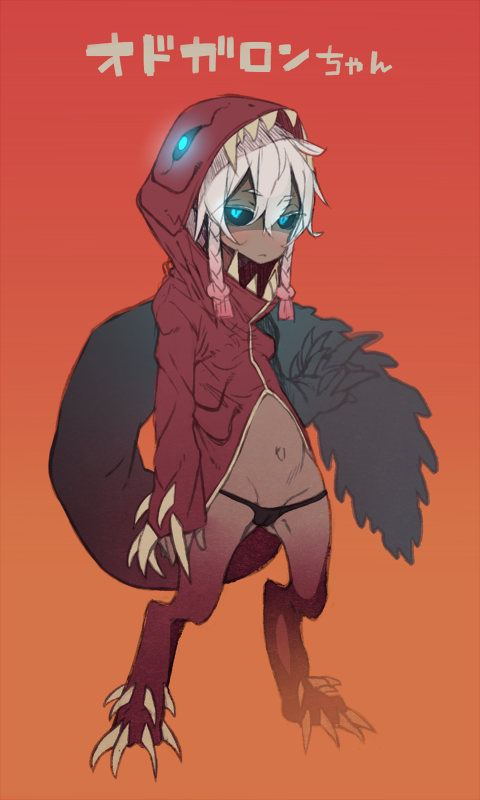 black_sclera bottomless braided_hair breasts camel_toe claws clothed clothing dark_body dark_skin feet female hair highlights_(coloring) hoodie looking_at_viewer panties red_body red_highlights red_scales scales solo text toe_claws toes topwear underwear white_hair collagen capcom monster_hunter animal_humanoid fanged_wyvern humanoid odogaron reptile reptile_humanoid scalie scalie_humanoid 3:5 digital_media_(artwork) japanese_text translation_request