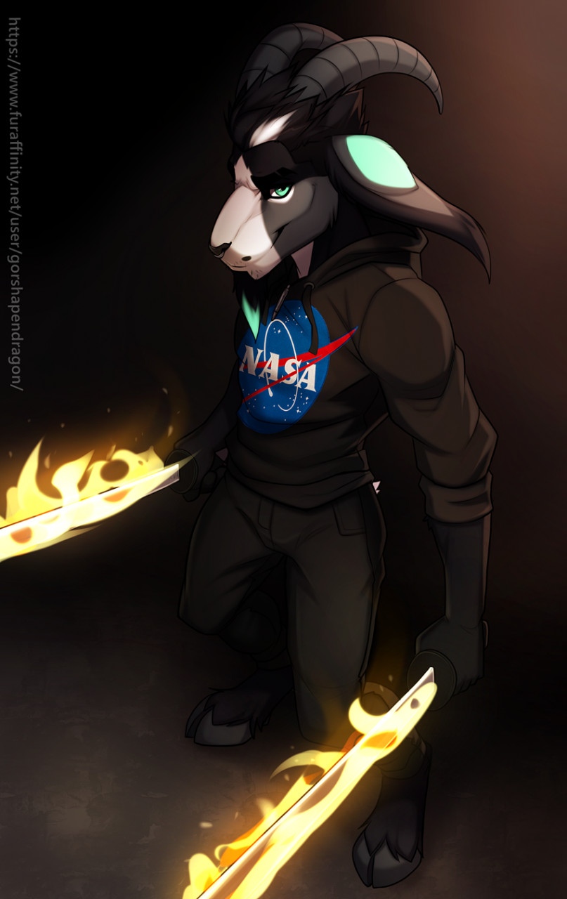 5_fingers anthro black_body black_clothing black_fur black_hoodie black_topwear clothed clothing dual_wielding fingers fire flaming_sword flaming_weapon fur holding_object holding_weapon hoodie hooves horn looking_at_viewer male melee_weapon smile solo standing sword text text_on_clothing text_on_hoodie text_on_topwear topwear weapon gorsha_pendragon nasa bovid caprine goat mammal 2020 digital_media_(artwork) hi_res