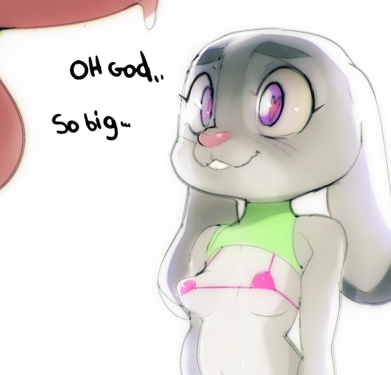 anthro balls breasts clothed clothing duo erection female fur genitals grey_body grey_fur heart_eyes heart_symbol long_ears male male/female penis purple_eyes simple_background skimpy text topwear white_background doxy disney zootopia judy_hopps lagomorph leporid mammal rabbit 2021 english_text