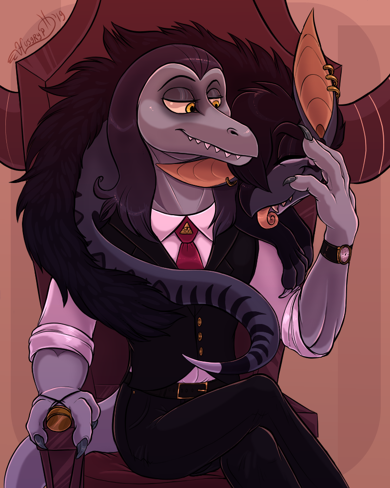 anthro bent_legs clothed clothing crossed_legs duo grey_body hair leg_over_thigh male necktie sitting suit yellow_eyes husgryph disney star_vs._the_forces_of_evil toffee_(svtfoe) lizard reptile scalie septarian 2019 4:5