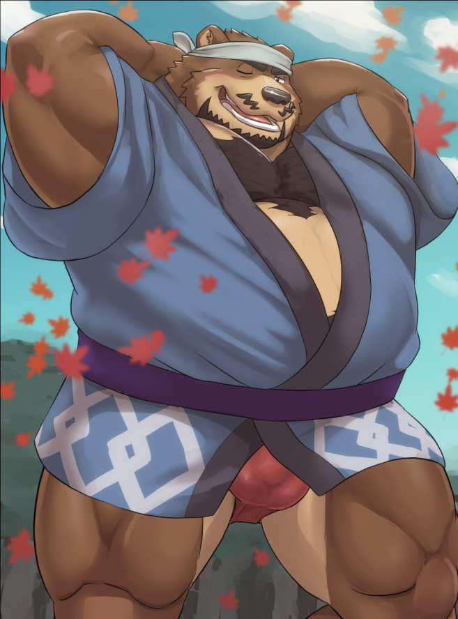 anthro asian_clothing beard belly big_belly brown_body bulge clothing east_asian_clothing facial_hair fundoshi happi_(clothing) japanese_clothing kemono male mature_male one_eye_closed overweight overweight_male red_clothing red_fundoshi red_underwear solo underwear 00murice bear mammal 2024