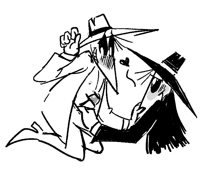 black_eyes blush clothed clothing duo genitals hat headgear headwear heart_symbol male male/male not_furry partially_clothed penis pointy_nose isomaru spy_vs_spy black_spy white_spy humanoid censored monochrome mosaic_censorship sketch